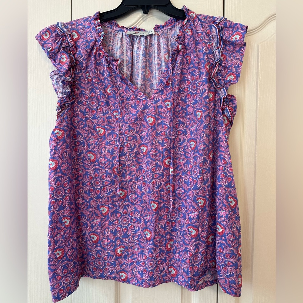 Vineyard Vines Women’s Pink and Blue Katana Tiled Floral Ruffled Top Sz. XL
